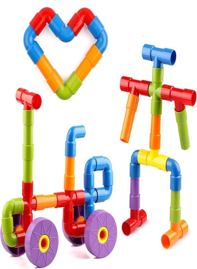 PULSBERY لعبة تركيب أنابيب تعليمية للأطفال من بولسبري - 85 قطعة من أنابيب المياه البلاستيكية، مجموعة تركيب إبداعية على شكل أقفال أنابيب مع عجلات، ألعاب تعليمية للأطفال في مرحلة ما قبل المدرسة (85 قطعة) - Image 2